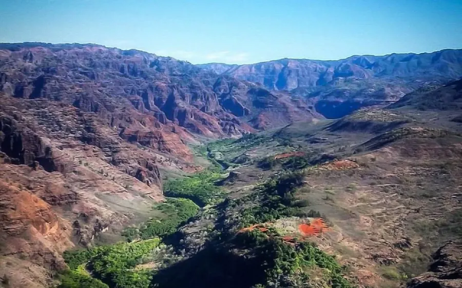 The canyon valley on Kauai opening out towards the sea
